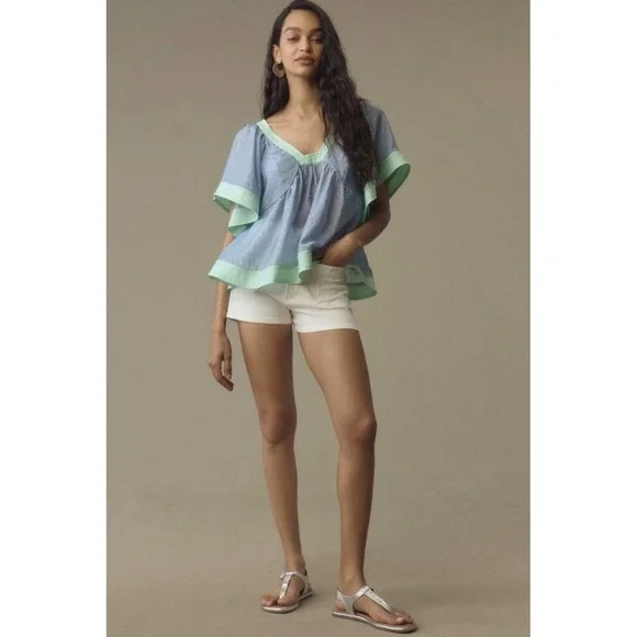 Anthropologie Women's Light Blue & Green Colorblock Babydoll Top Size M - Picture 4 of 9